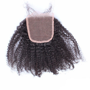 Mongolian Afro Kinky Curly Virgin Hair 4x4 Hair Closure, Three Part With Baby Hair & Bleached Knots