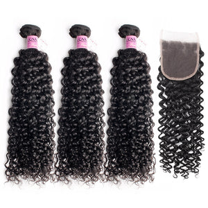 Malaysian Curly Natural Color 100% Virgin Human Hair 3 Bundles With 4x4 Free Part Lace Closure