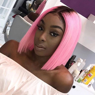Full Lace Brazilian Virgin Hot Pink Dark Root Bob Lace Wig Pre Plucked with Middle Part