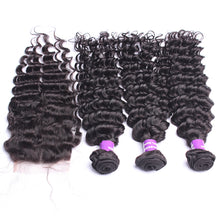 Load image into Gallery viewer, Malaysian Hair Three Deep Wave Bundles 4x4 Lace Closure With Baby Hair