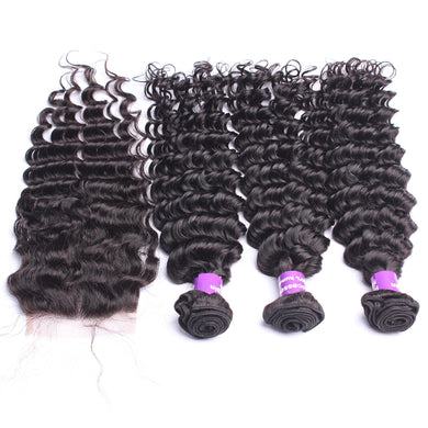 Malaysian Hair Three Deep Wave Bundles 4x4 Lace Closure With Baby Hair