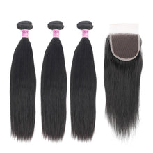 Load image into Gallery viewer, Brazilian Virgin Straight Hair 3 Bundles with 4x4 Lace Closure