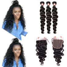 Load image into Gallery viewer, Brazilian Virgin Loose Wave 3 Bundles With Closure
